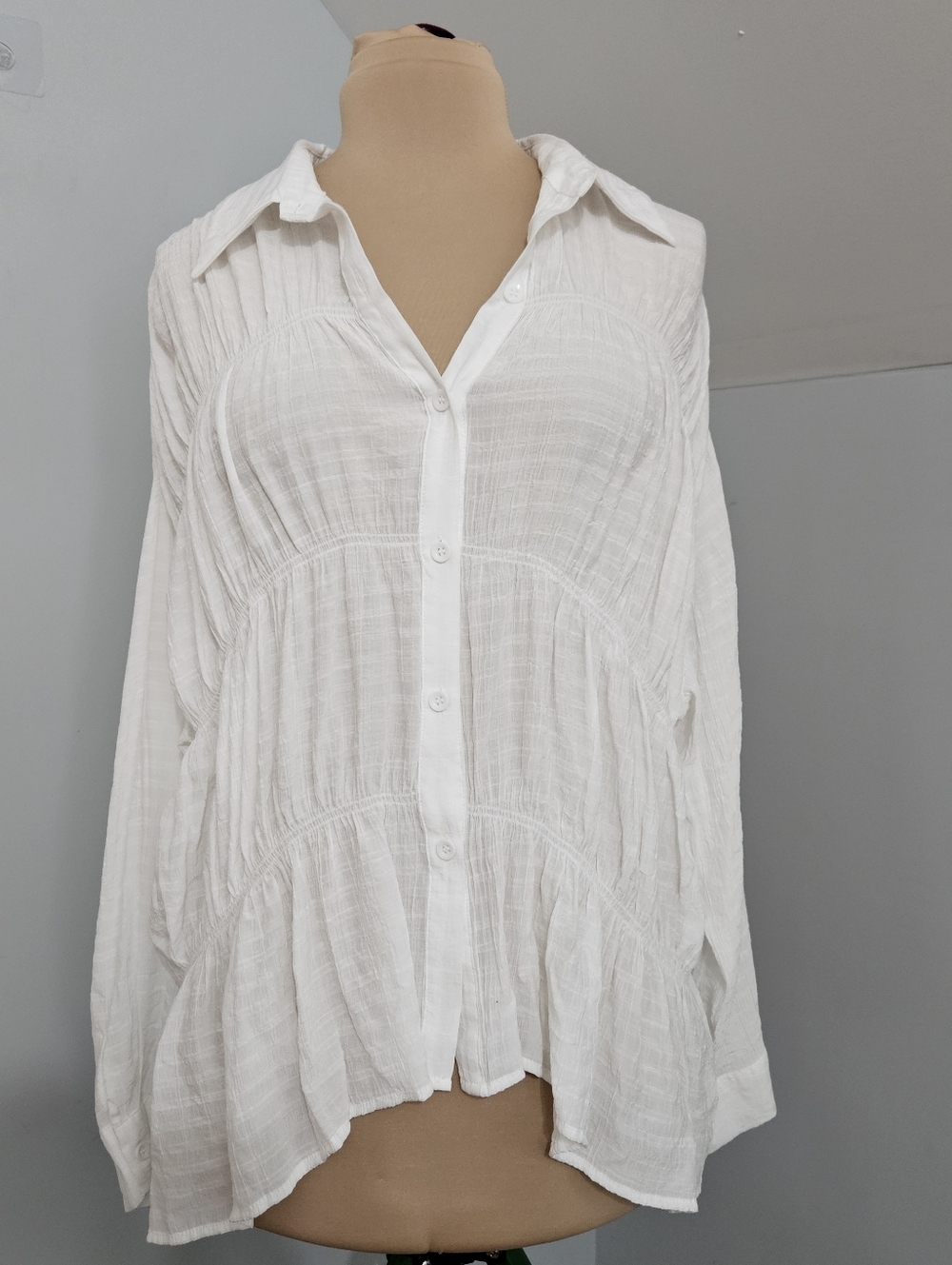 J.NNA Womens White Smocked Tiered Crinkle Button Up Shirt Size M Boho Chic